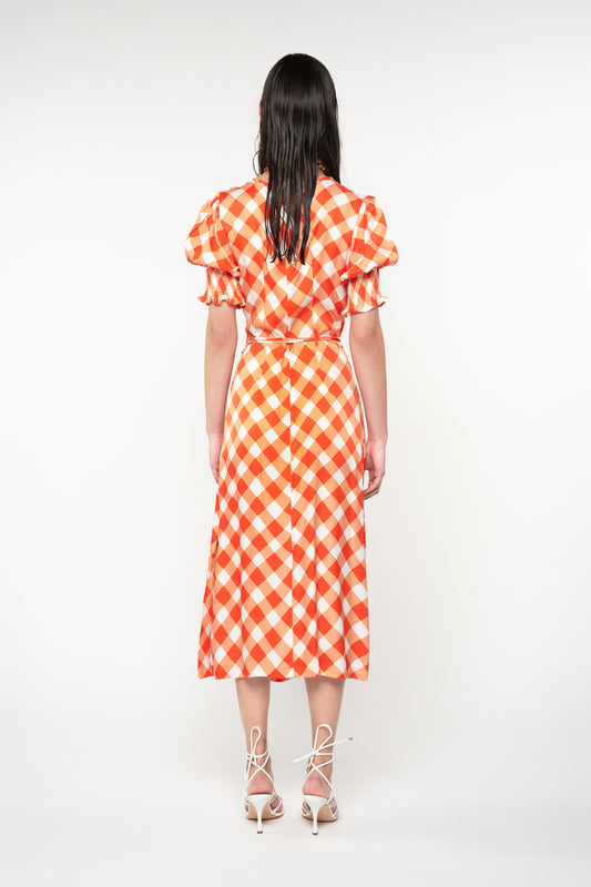 WRAP MIDI DRESS - GINGHAM RED