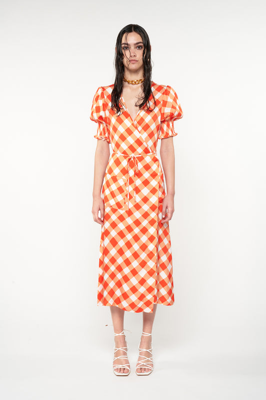 WRAP MIDI DRESS - GINGHAM RED