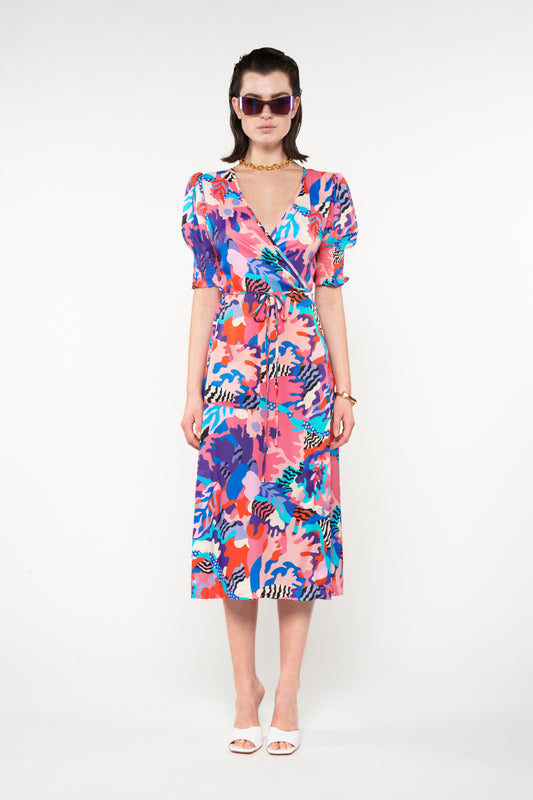 WRAP MIDI DRESS - PSYCHEDELIA BLUE
