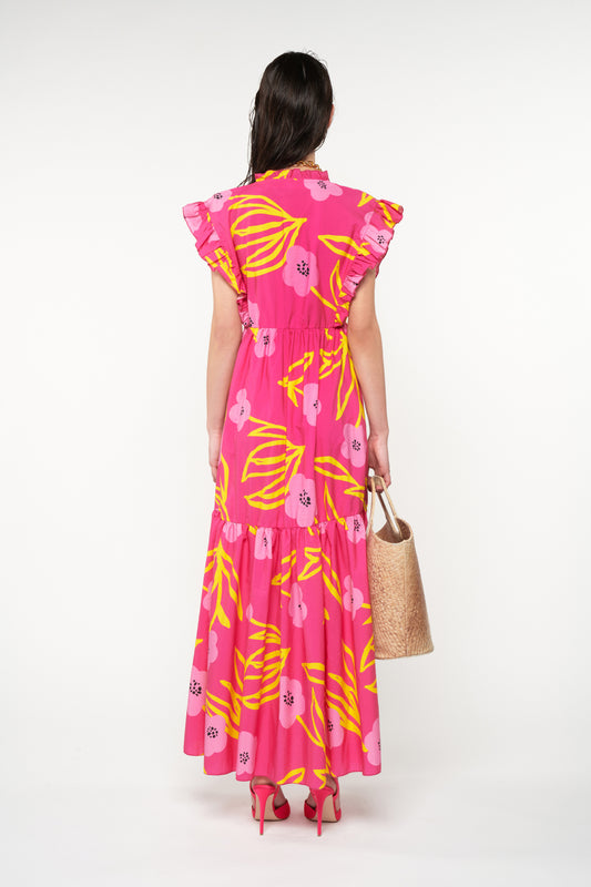 RUFFLED TIERED MAXI DRESS - FLORAL FUCHSIA
