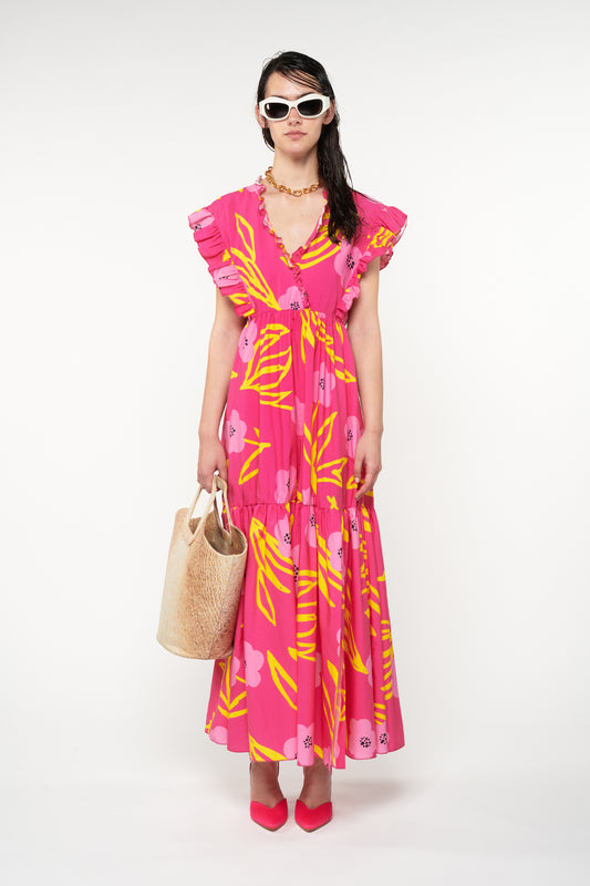 RUFFLED TIERED MAXI DRESS - FLORAL FUCHSIA