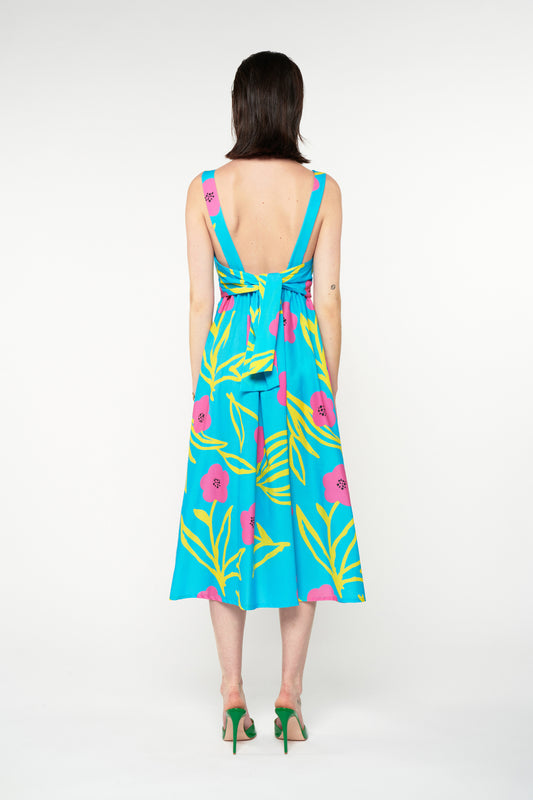 V-NECK OPEN BACK MIDI DRESS - FLORAL AQUA