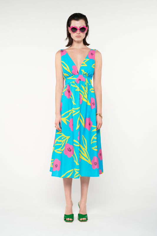 V-NECK OPEN BACK MIDI DRESS - FLORAL AQUA
