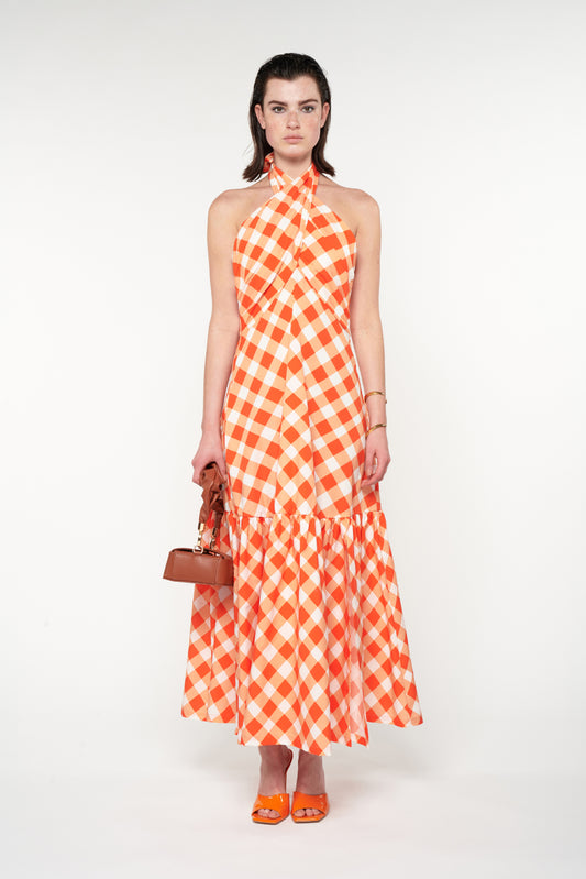 SCARVES-BUST CROSS NECK TIERED MAXI DRESS - GINGHAM RED