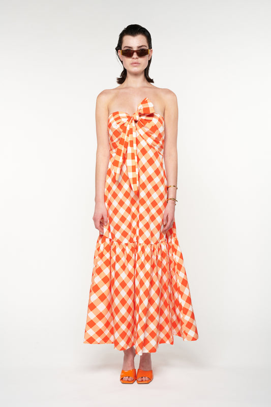SCARVES-BUST CROSS NECK TIERED MAXI DRESS - GINGHAM RED