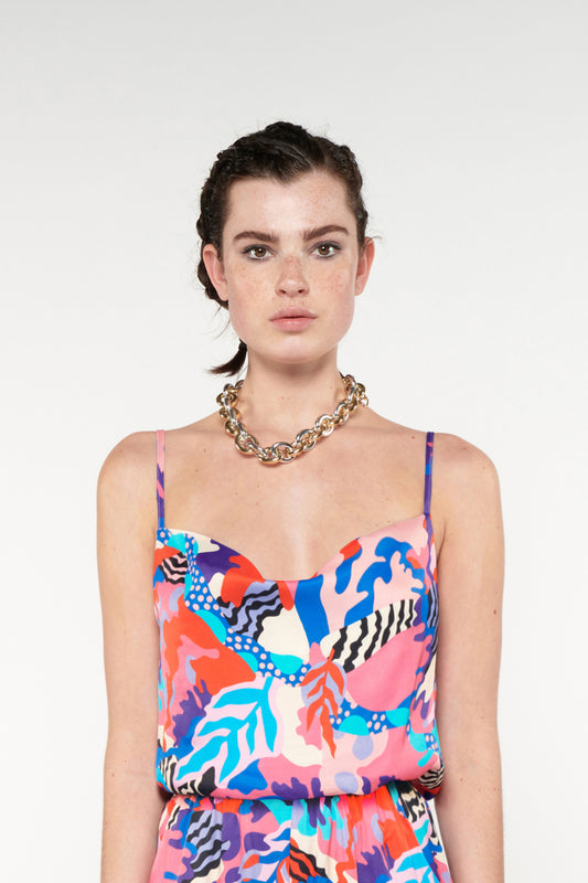 DRAPED COWL-NECKLINE TOP - PSYCHEDELIA BLUE
