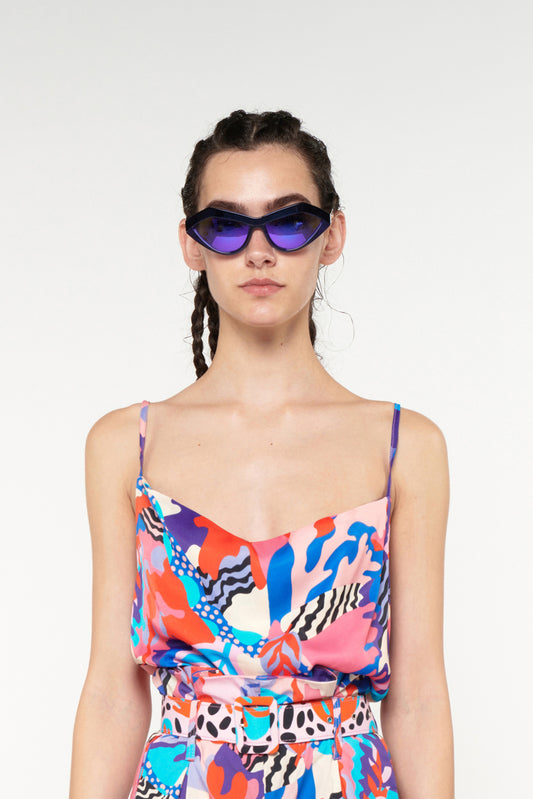 DRAPED COWL-NECKLINE TOP - PSYCHEDELIA BLUE