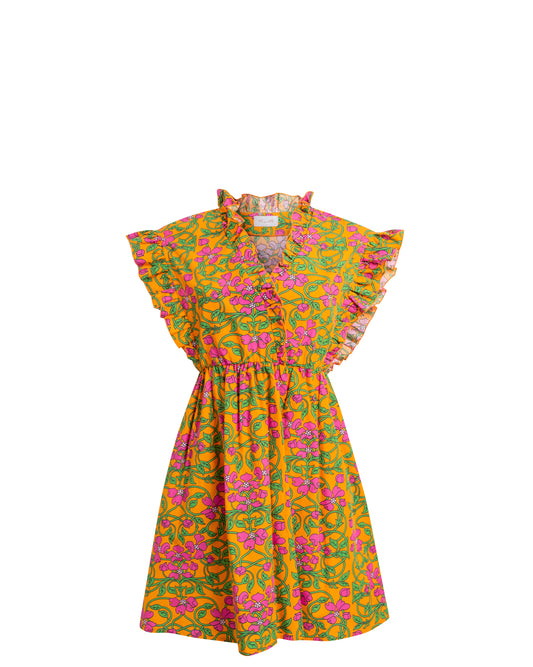 RUFFLED MIDI DRESS - FLORAL ORANGE