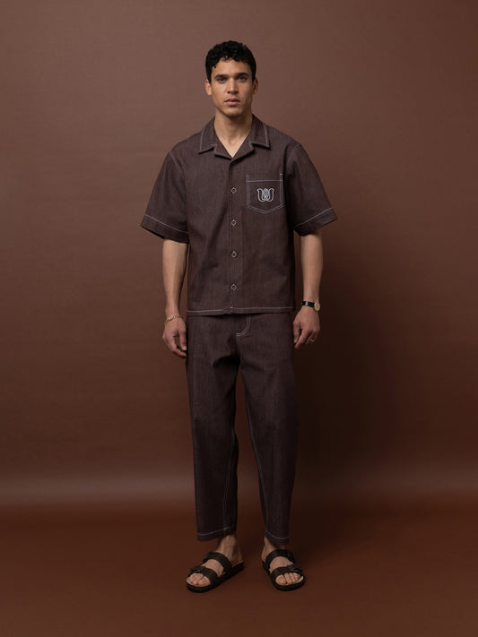 SHORT-SLEEVE DENIM SHIRT - BROWN