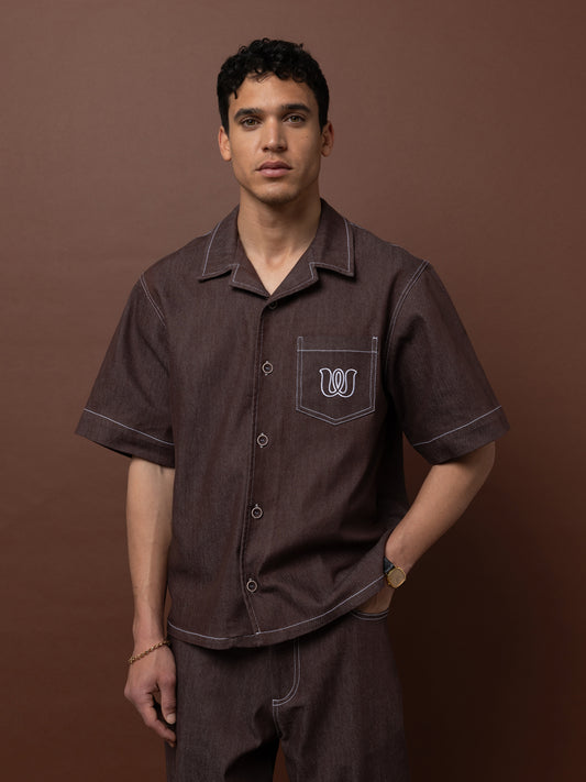 SHORT-SLEEVE DENIM SHIRT - BROWN