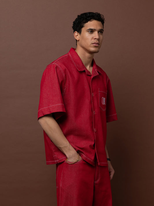 SHORT-SLEEVE DENIM SHIRT - RED