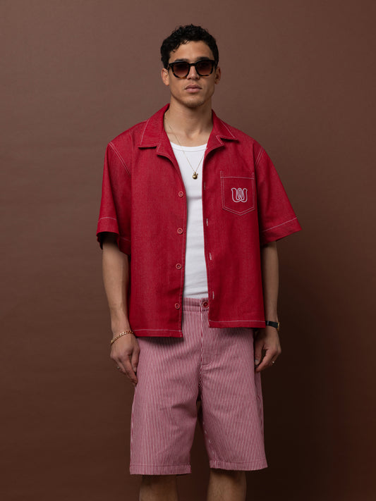 SHORT-SLEEVE DENIM SHIRT - RED