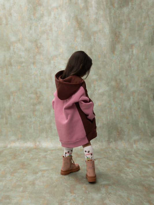 OVERSIZED HOODIE DRESS - BROWN/PINK