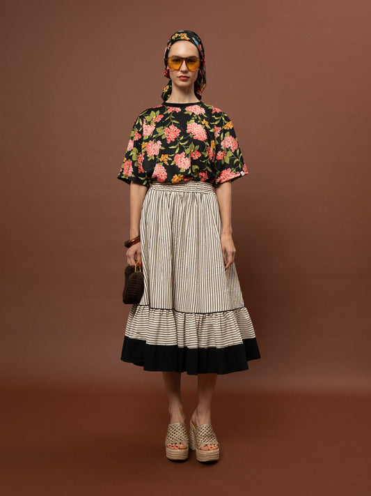 TIERED MIDI SKIRT - STRIPES BEIGE