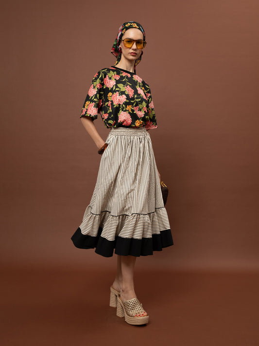 TIERED MIDI SKIRT - STRIPES BEIGE