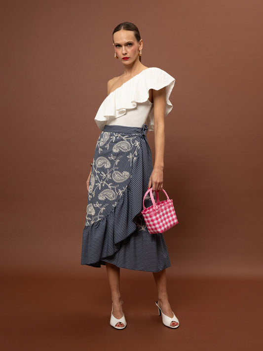 BRODERIE WRAP SKIRT - STRIPES BLUE