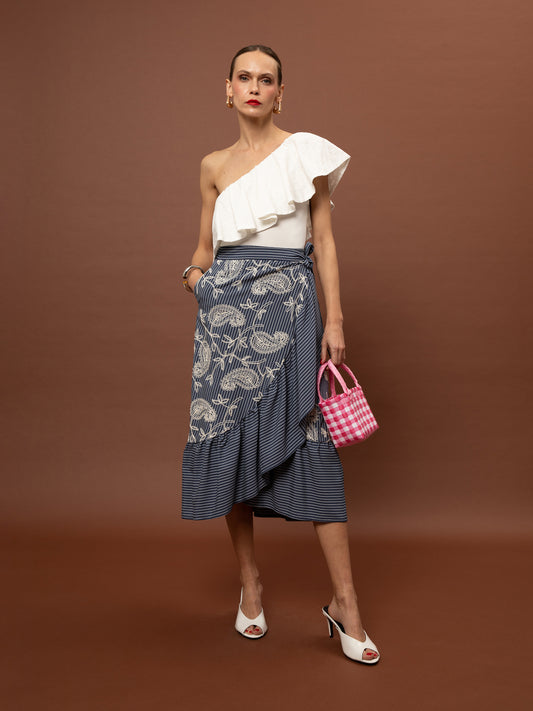 BRODERIE WRAP SKIRT - STRIPES BLUE