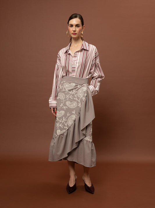 BRODERIE WRAP SKIRT - STRIPES BROWN