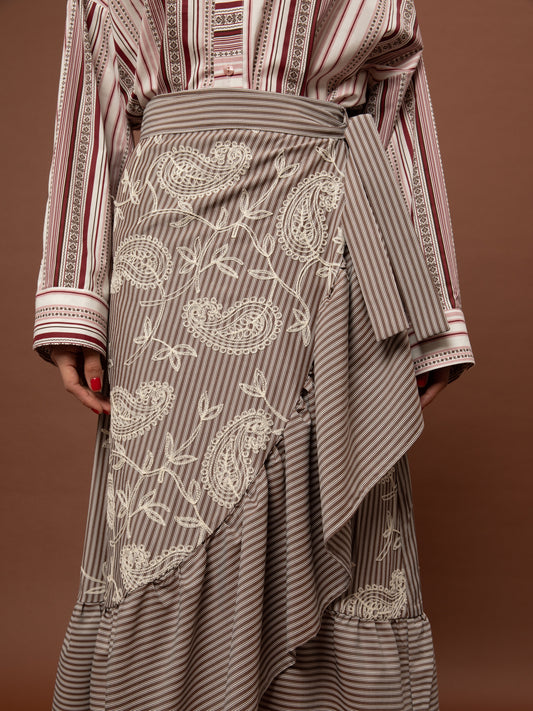 BRODERIE WRAP SKIRT - STRIPES BROWN