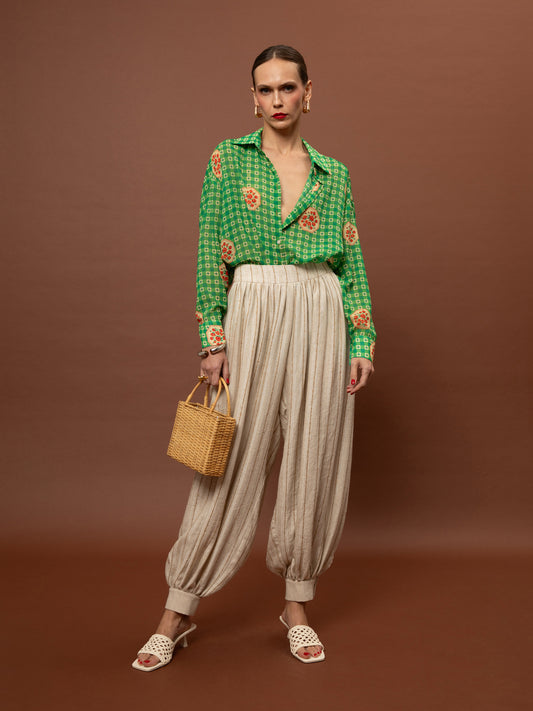 PLEATED HAREM PANTS - STRIPES BEIGE