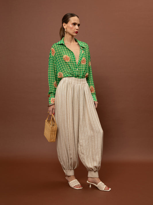 PLEATED HAREM PANTS - STRIPES BEIGE
