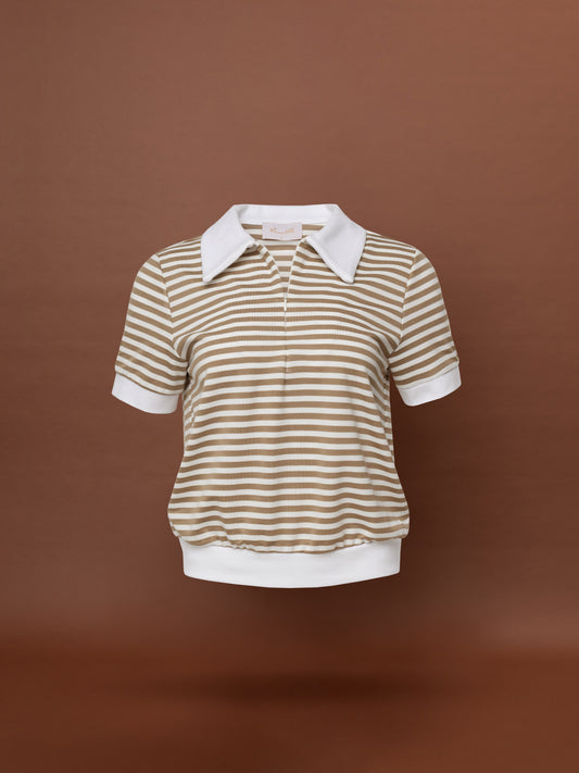 SHORT-SLEEVE POLO TOP - STRIPES BEIGE