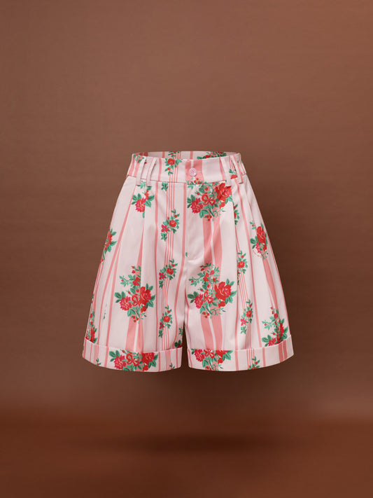 PLEATED SHORTS - STRIPES ROSES