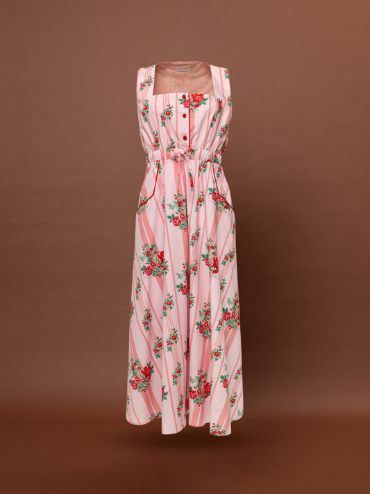 SQUARE NECK COTTON DRESS - STRIPES ROSES