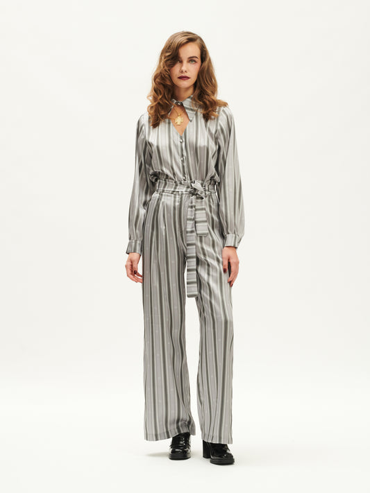 HIGH-WAISTED WIDE-LEG PANTS STRIPES GRAY