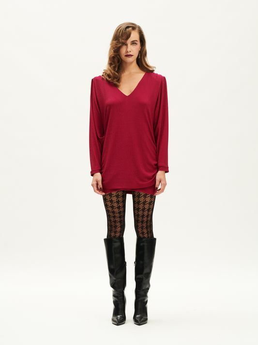 V-NECK FITTED LUREX MINI DRESS FUCHSIA