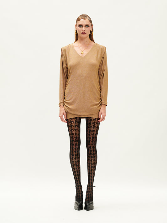 V-NECK FITTED LUREX MINI DRESS GOLD