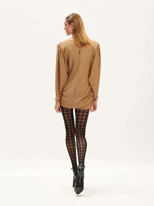 V-NECK FITTED LUREX MINI DRESS GOLD