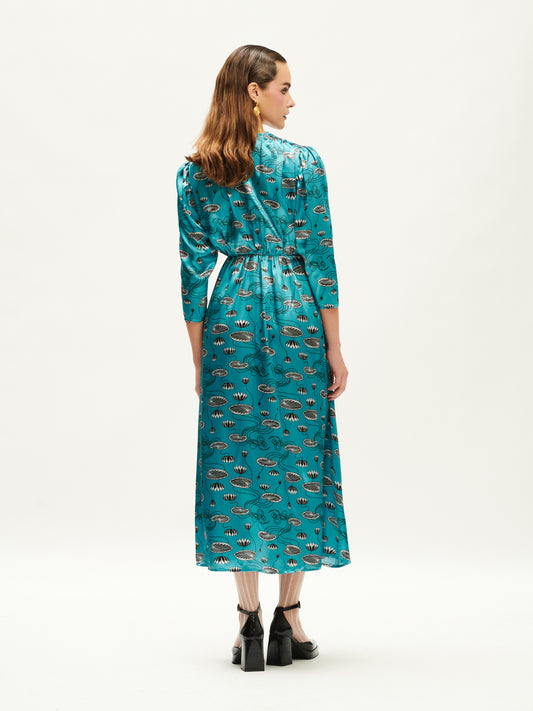 V-NECK TIE-FRONT DRESS WATERLILY TEAL