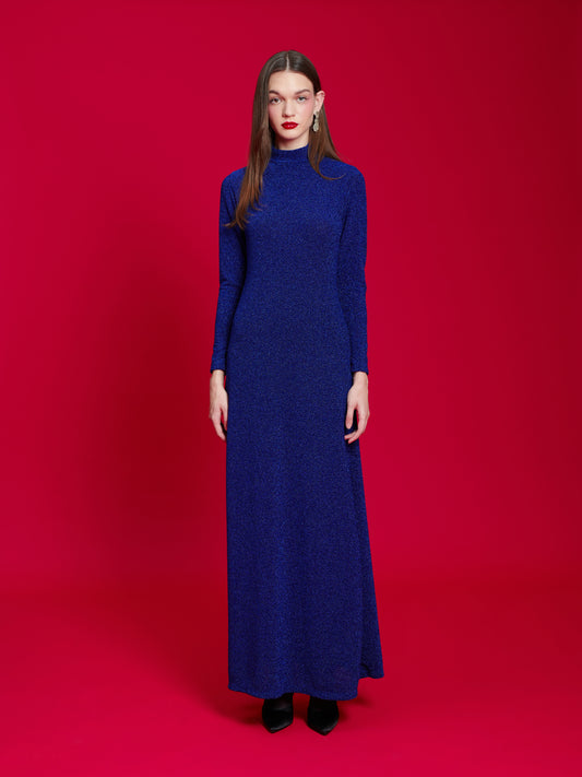 HIGH-NECK LUREX GOWN INDIGO