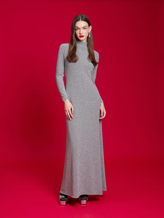 HIGH-NECK LUREX GOWN SILVER
