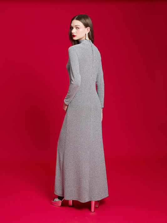 HIGH-NECK LUREX GOWN SILVER