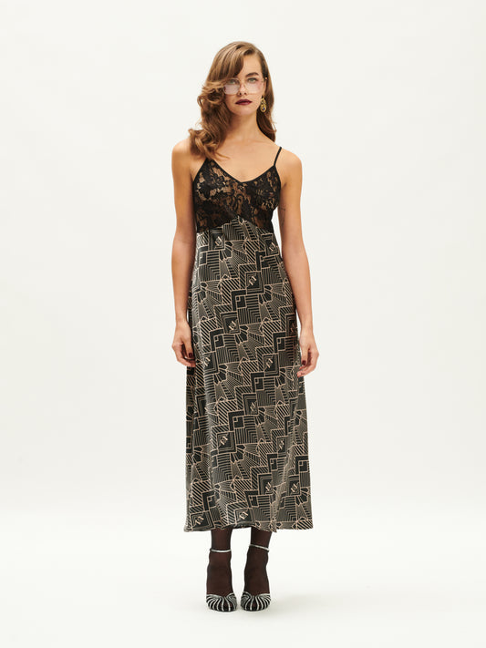 LACE-BUST SATIN MAXI SLIP DRESS GATSBY BLACK