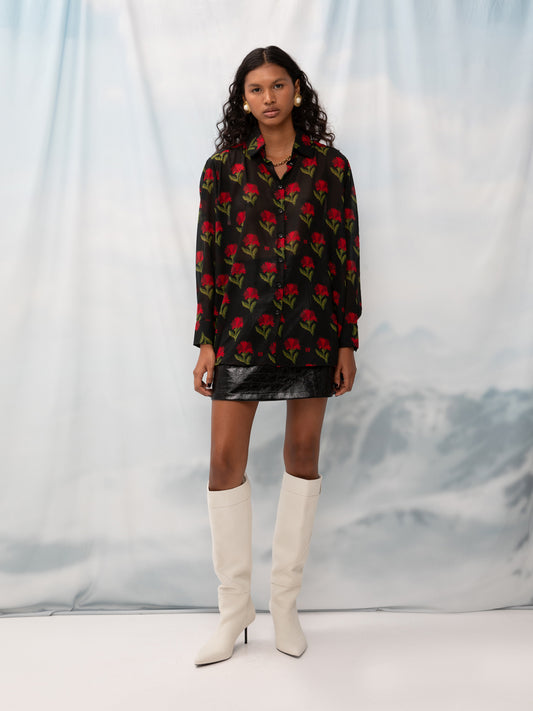 LONG-SLEEVE CHIFON SHIRT CARNATIONS BLACK