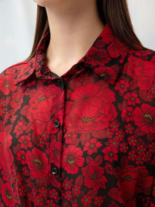 LONG-SLEEVE CHIFON SHIRT FLOWERS RED