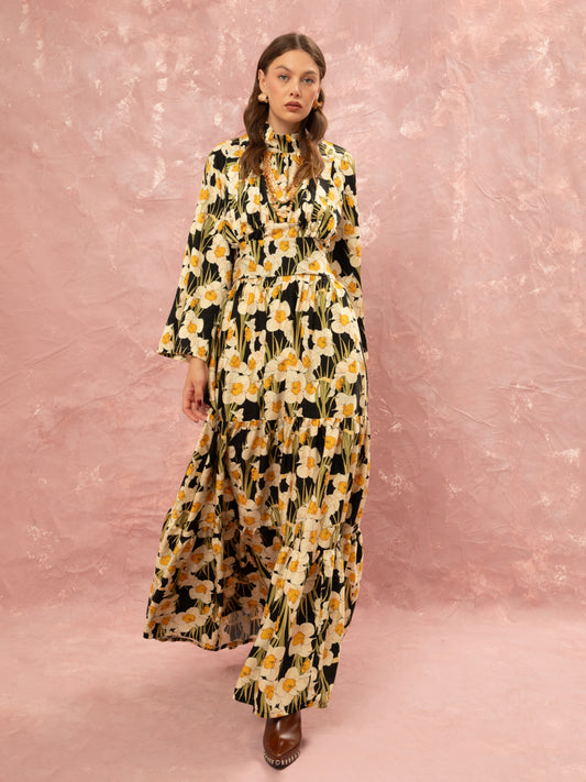 TIERED MAXI SUSPENDER SKIRT - NARCISSUS BLACK