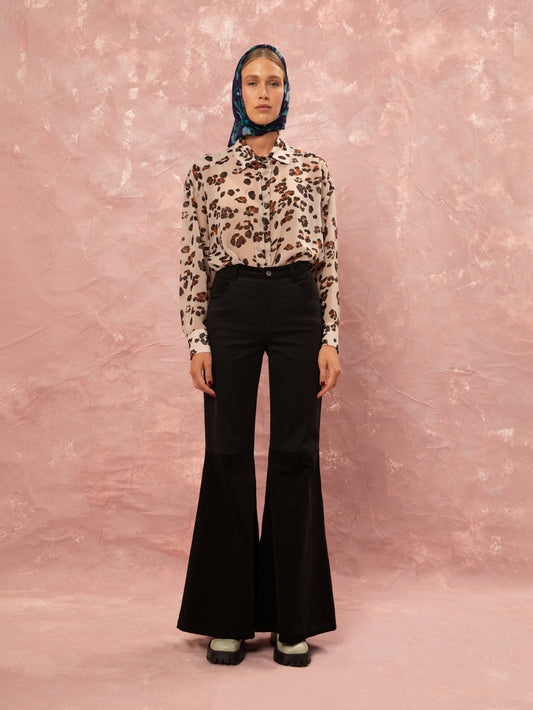 CORDUROY FLARED PANTS - BLACK