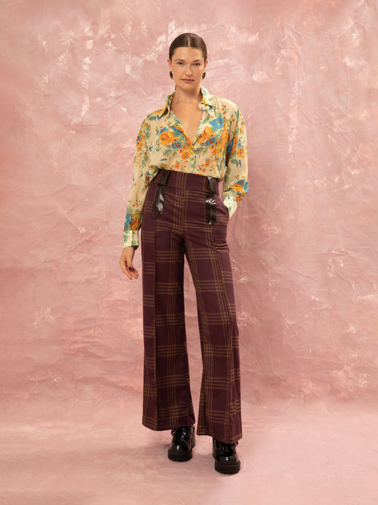 CHECKED STRAIGHT PANTS - BURGUNDY