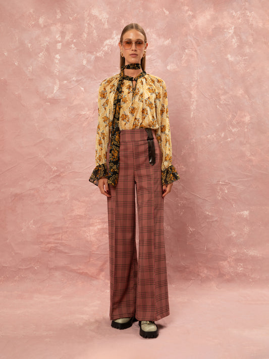 CHECKED STRAIGHT PANTS - FUCHSIA