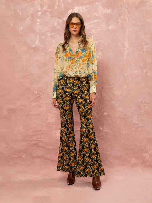 FLARED PANTS - LACE BOUQUET BLACK