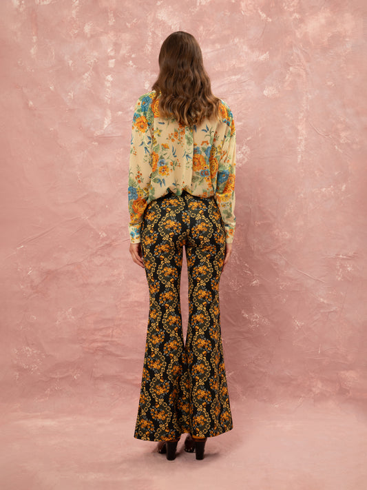 FLARED PANTS - LACE BOUQUET BLACK