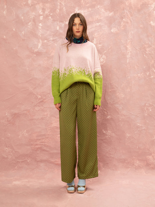 PLEATED CLASSIC PANTS - FLORAL DOT LIME
