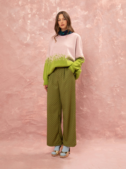 PLEATED CLASSIC PANTS - FLORAL DOT LIME