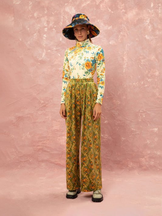 FLUFFY ELASTICATED-WAIST PANTS - LACE BOUQUET LIME