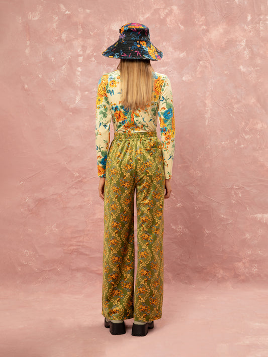 FLUFFY ELASTICATED-WAIST PANTS - LACE BOUQUET LIME