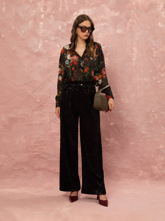 PLEATED VELVET CLASSIC PANTS - BLACK